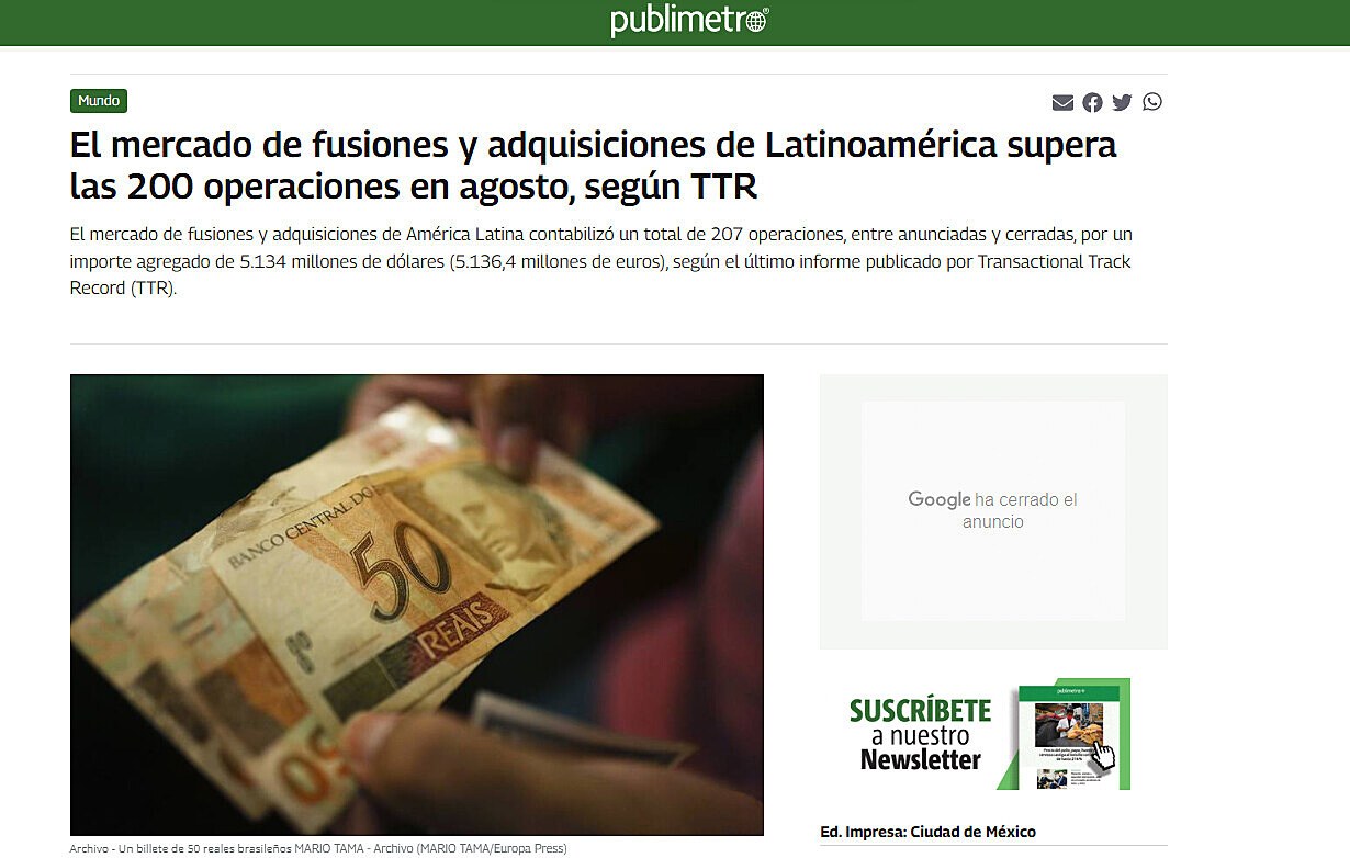 El mercado de fusiones y adquisiciones de Latinoamrica supera las 200 operaciones en agosto, segn TTR